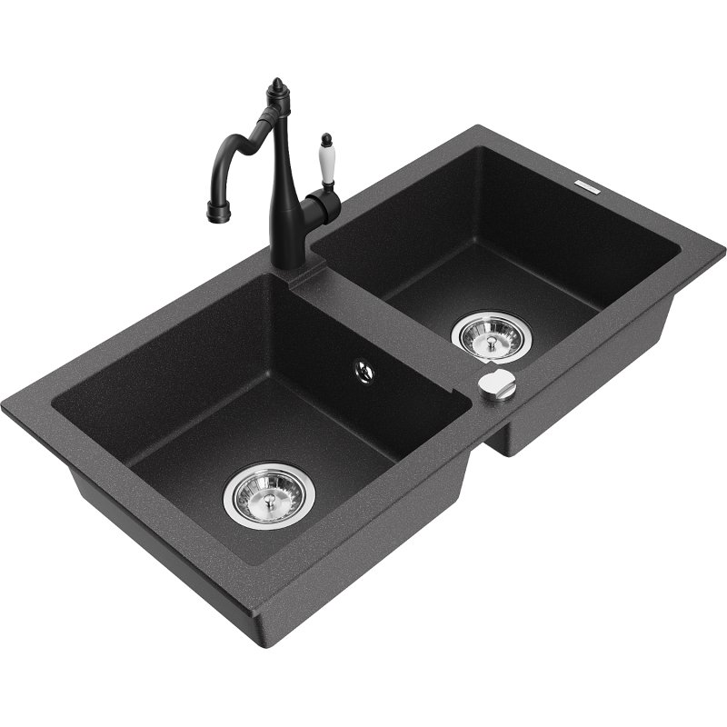 Mexen Mario zlewozmywak granitowy 2-komorowy z baterią kuchenną Carla, czarny nakrapiany