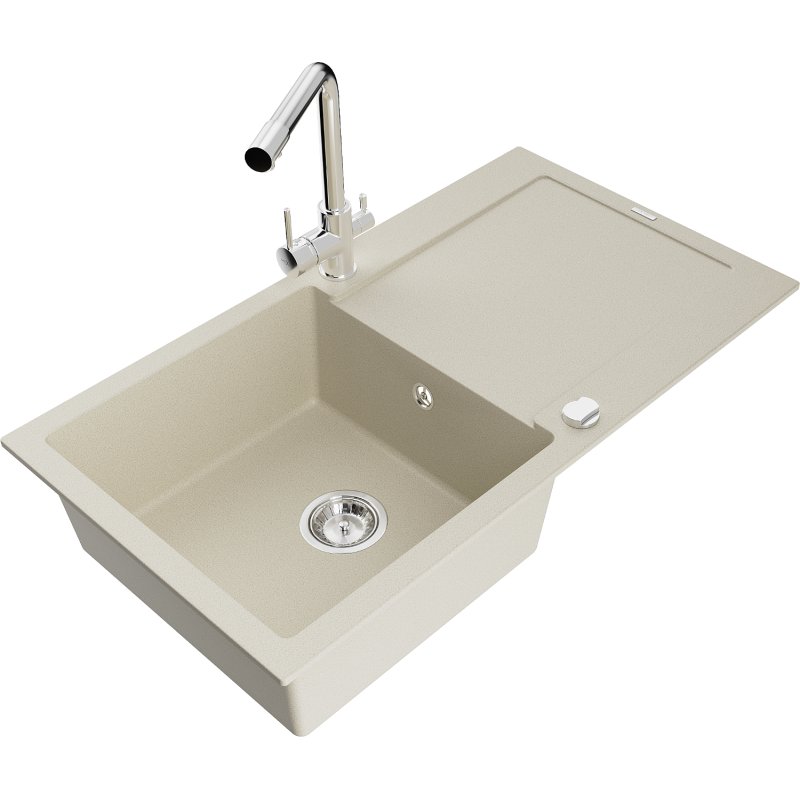 Mexen Leo zlewozmywak granitowy 1-komorowy z ociekaczem i baterią kuchenną Duero, beżowy