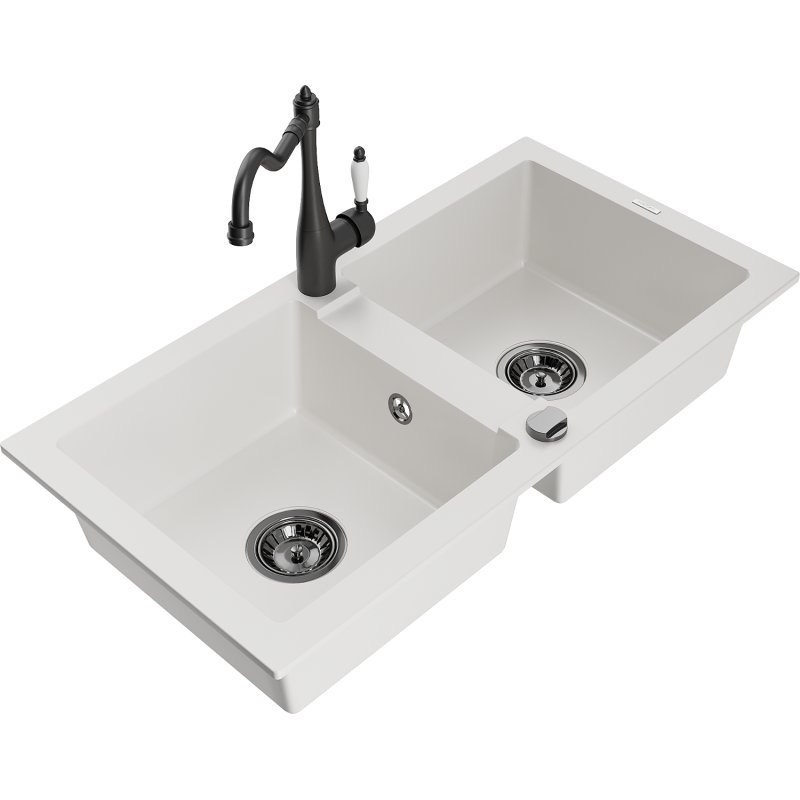 Mexen Mario zlewozmywak granitowy 2-komorowy z baterią kuchenną Carla, biały