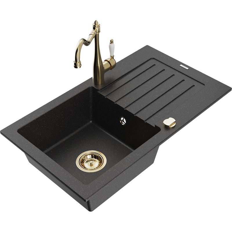 Mexen Pablo zlewozmywak granitowy 1-komorowy z ociekaczem i baterią kuchenną Carla, czarny/srebrny metalik