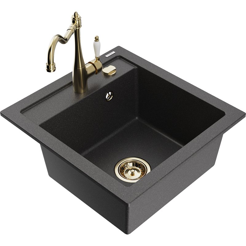 Mexen Vito zlewozmywak granitowy 1-komorowy z baterią kuchenną Carla, czarny nakrapiany