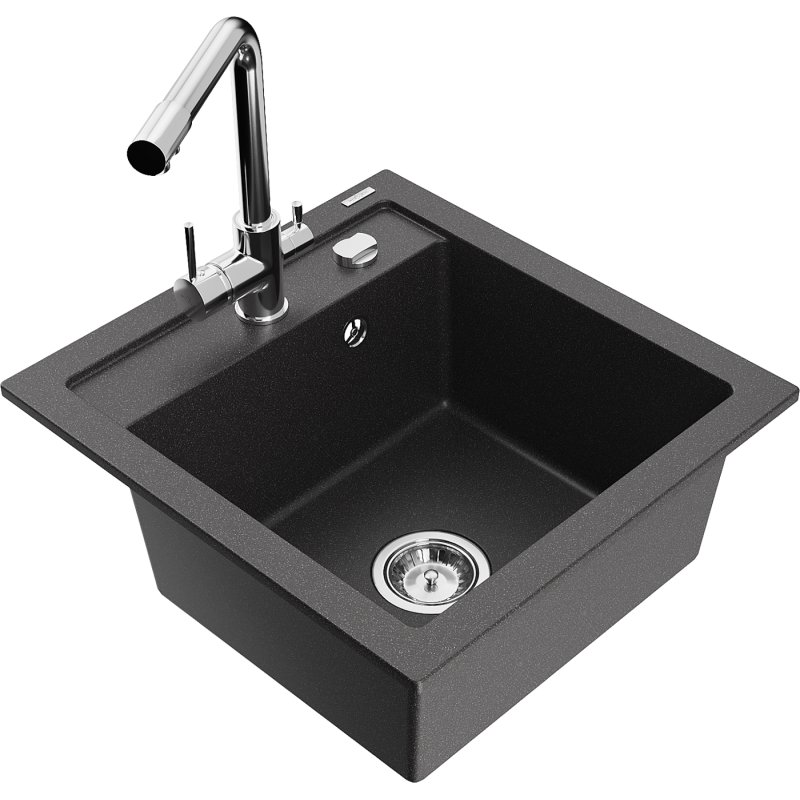 Mexen Vito zlewozmywak granitowy 1-komorowy z baterią kuchenną Duero, czarny nakrapiany