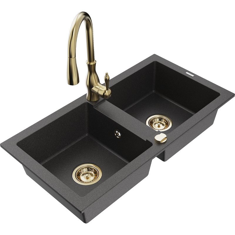 Mexen Mario zlewozmywak granitowy 2-komorowy z baterią kuchenną Savita, czarny nakrapiany