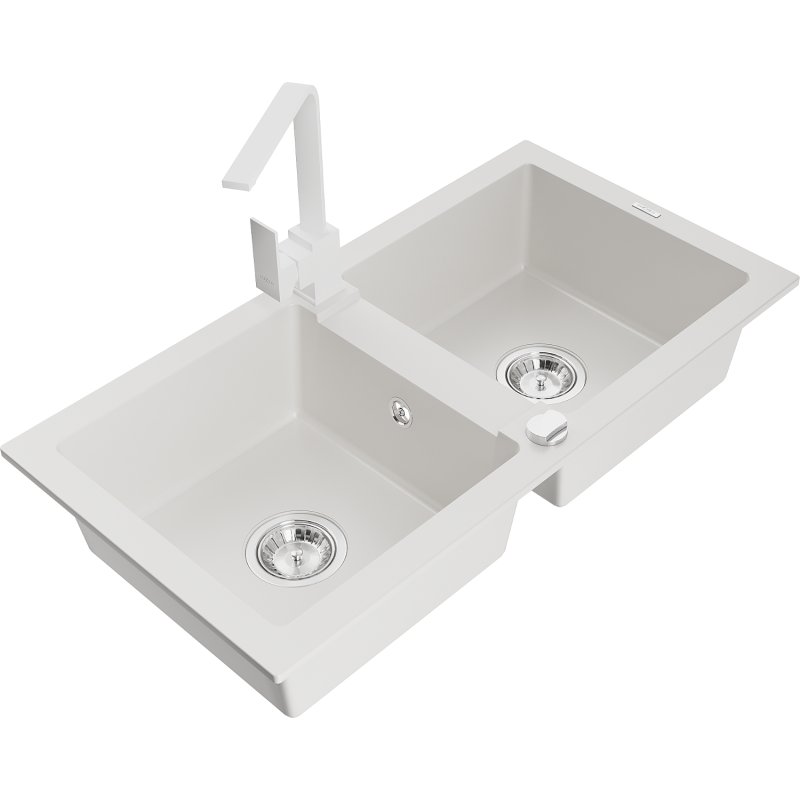 Mexen Mario zlewozmywak granitowy 2-komorowy z baterią kuchenną Rita, biały