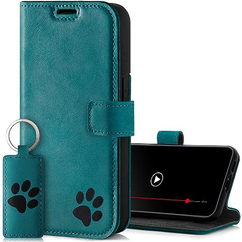 SURAZO Etui na telefon komórkowy Apple iPhone 15 Pro, skórzane etui ochronne z prawdziwej skóry z motywem łapy – etui z klapką RFID [magnes, funkcja stojaka, przegródka na karty] Flip Cover Case
