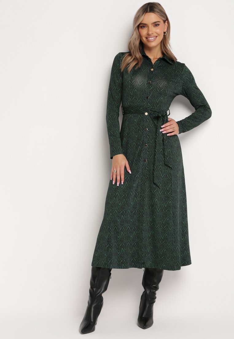 Ciemnozielona Rozkloszowana Sukienka Koszulowa z Wiązanym Paskiem Cheresin