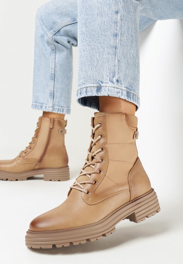 Beżowe Botki Workery z Dodatkowym Sznurowaniem Issatta