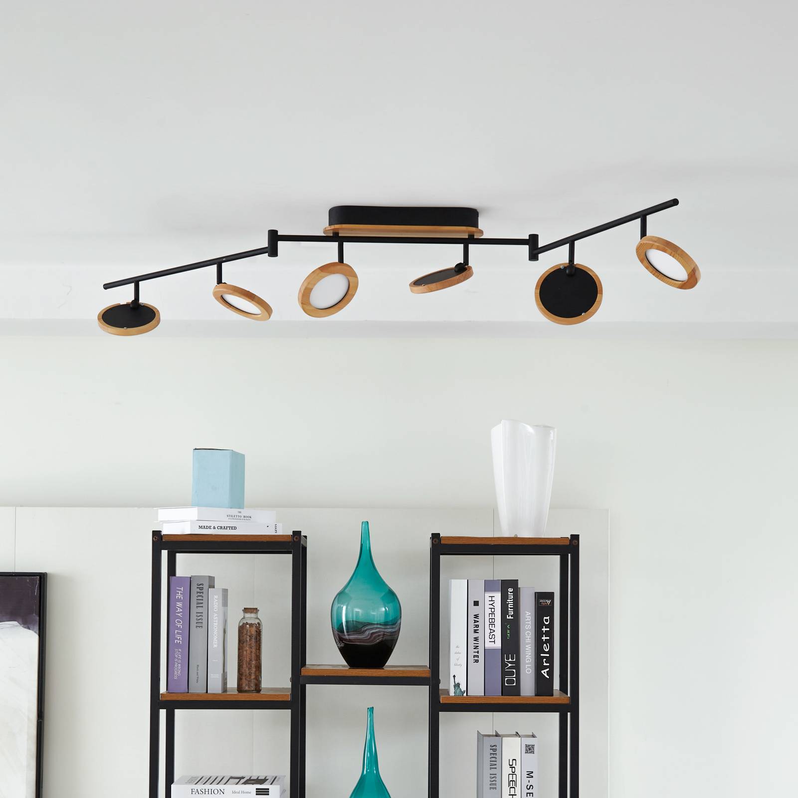 Lindby Reflektor LED Manel, drewno, 152 cm długości, 6-punktowa