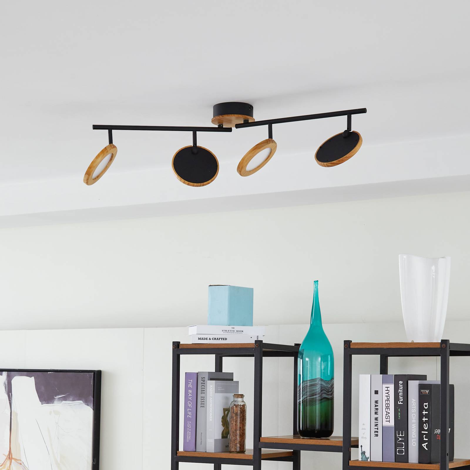 Lindby Reflektor LED Manel, drewno, 84 cm długości, 4-punktowy