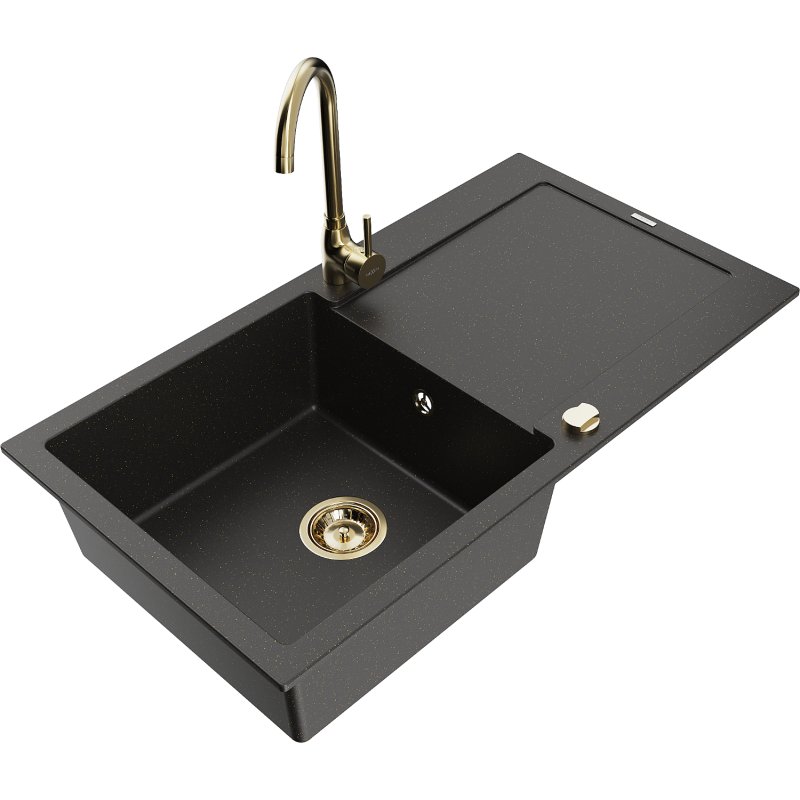 Mexen Leo zlewozmywak granitowy 1-komorowy z ociekaczem i baterią kuchenną Telma, czarny/złoty metalik