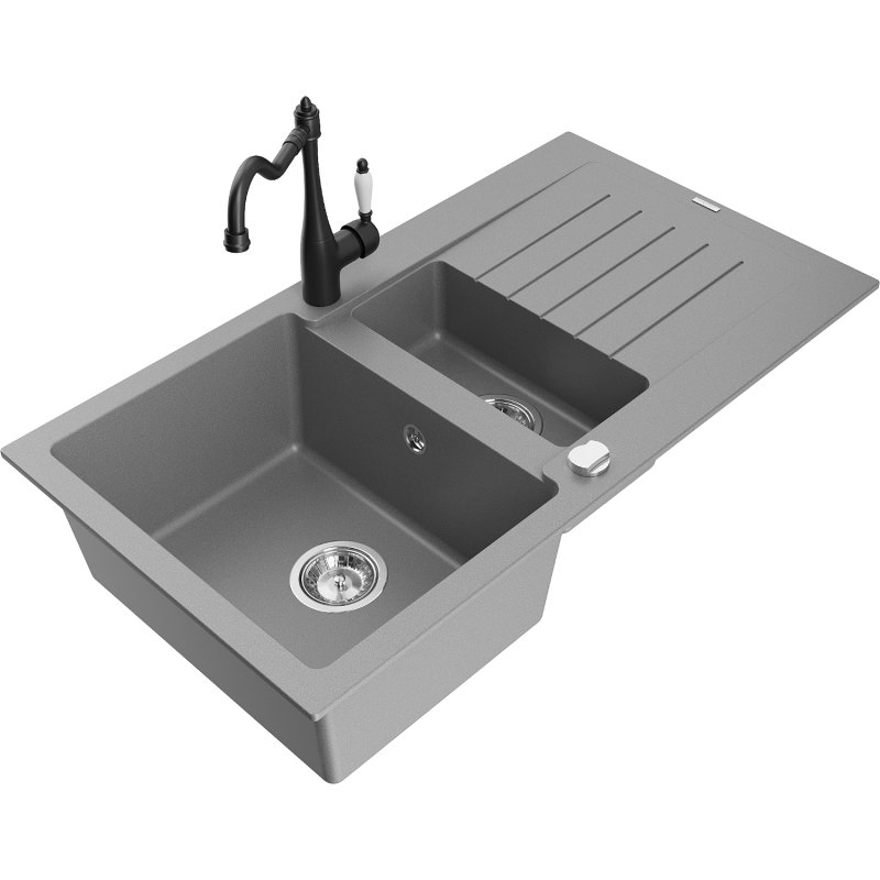 Mexen Matias zlewozmywak granitowy 1,5-komorowy z ociekaczem i baterią kuchenną Carla, szary
