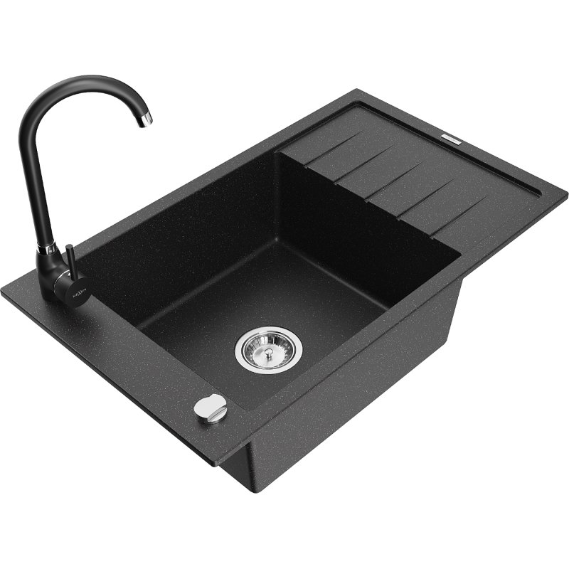 Mexen Elias zlewozmywak granitowy 1-komorowy z ociekaczem i baterią kuchenną Telma, czarny/srebrny