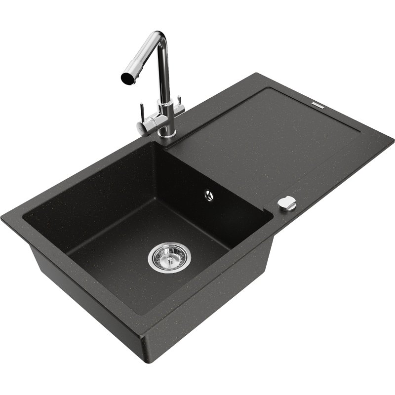 Mexen Leo zlewozmywak granitowy 1-komorowy z ociekaczem i baterią kuchenną Duero, czarny/złoty metalik