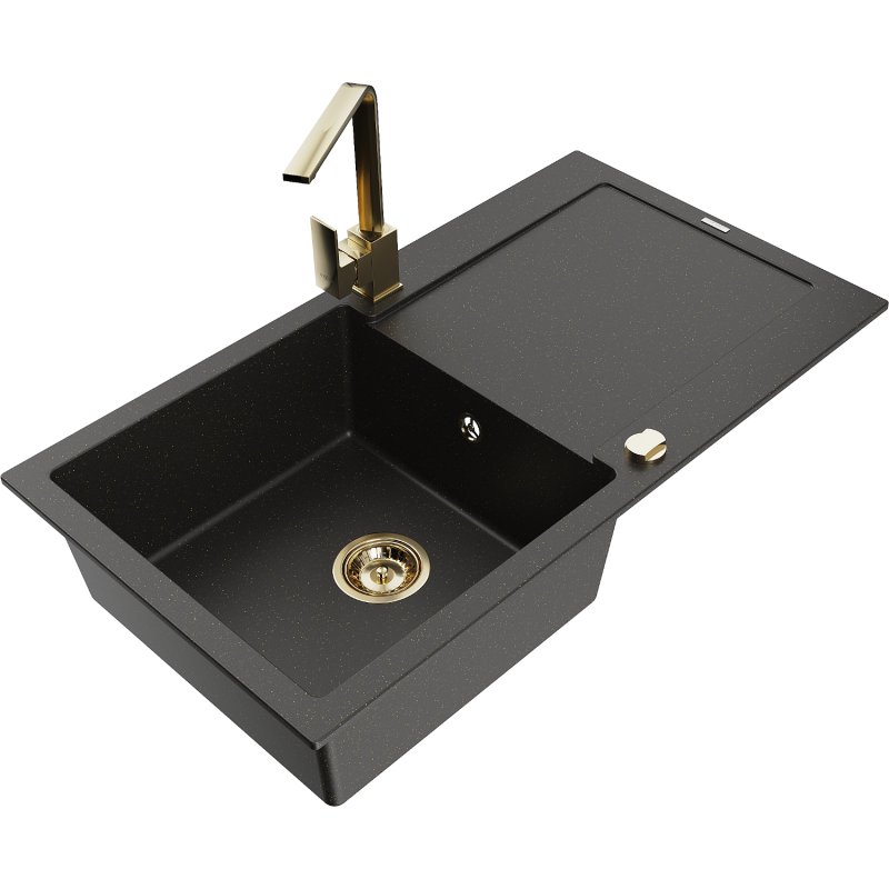 Mexen Leo zlewozmywak granitowy 1-komorowy z ociekaczem i baterią kuchenną Rita, czarny/złoty metalik