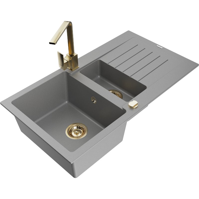 Mexen Matias zlewozmywak granitowy 1,5-komorowy z ociekaczem i baterią kuchenną Rita, szary