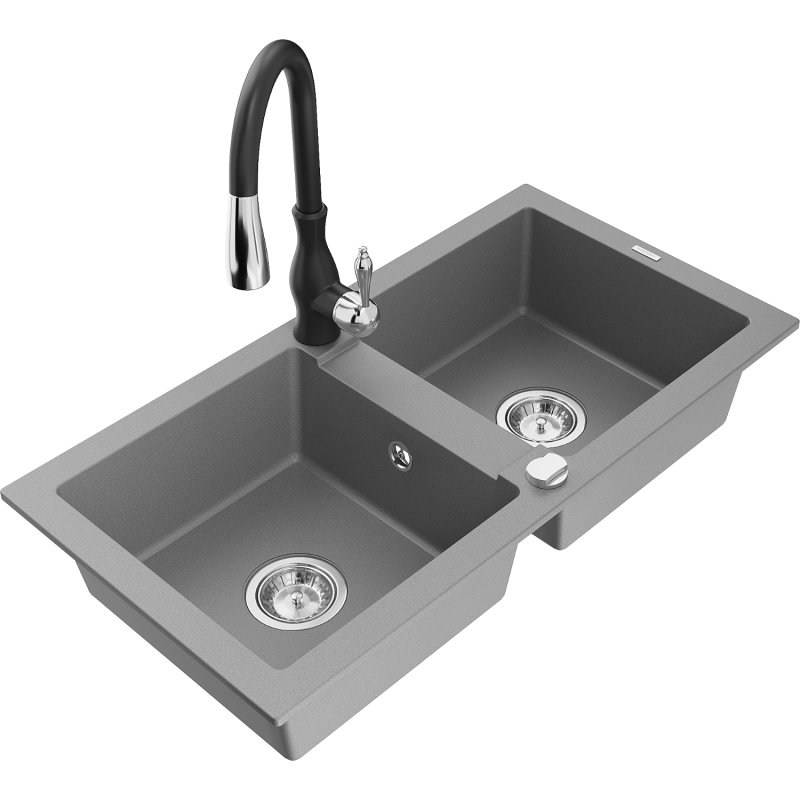 Mexen Mario zlewozmywak granitowy 2-komorowy z baterią kuchenną Savita, szary