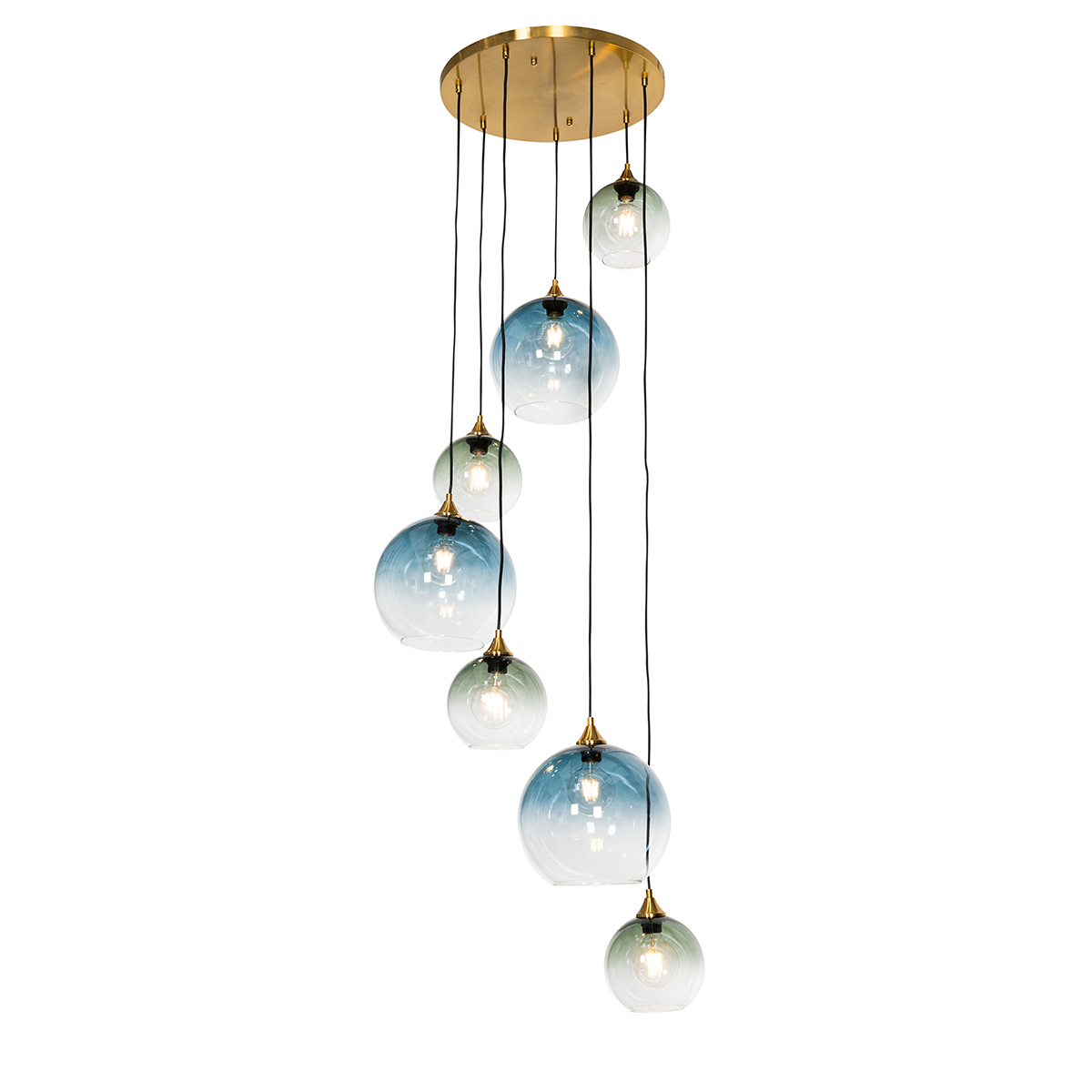 QAZQA Art Deco Lampa wisząca mosiężna z niebieskim szkłem okrągła 7-punktowa - Sandra