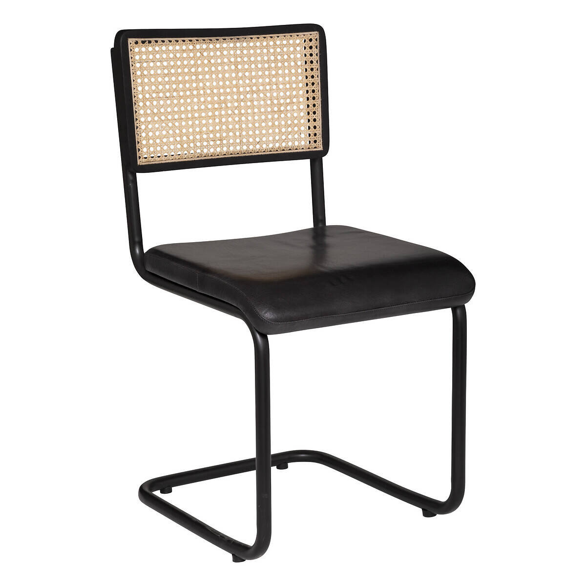 Krzesło retro KIZAR, rattanowa plecionka, skórzane siedzisko, w typie bauhaus