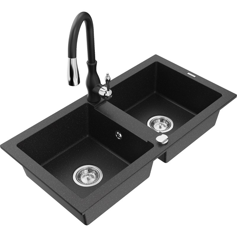 Mexen Mario zlewozmywak granitowy 2-komorowy z baterią kuchenną Savita, czarny/srebrny metalik
