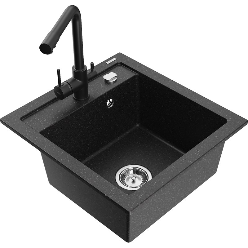 Mexen Vito zlewozmywak granitowy 1-komorowy z baterią kuchenną Duero, czarny/srebrny metalik