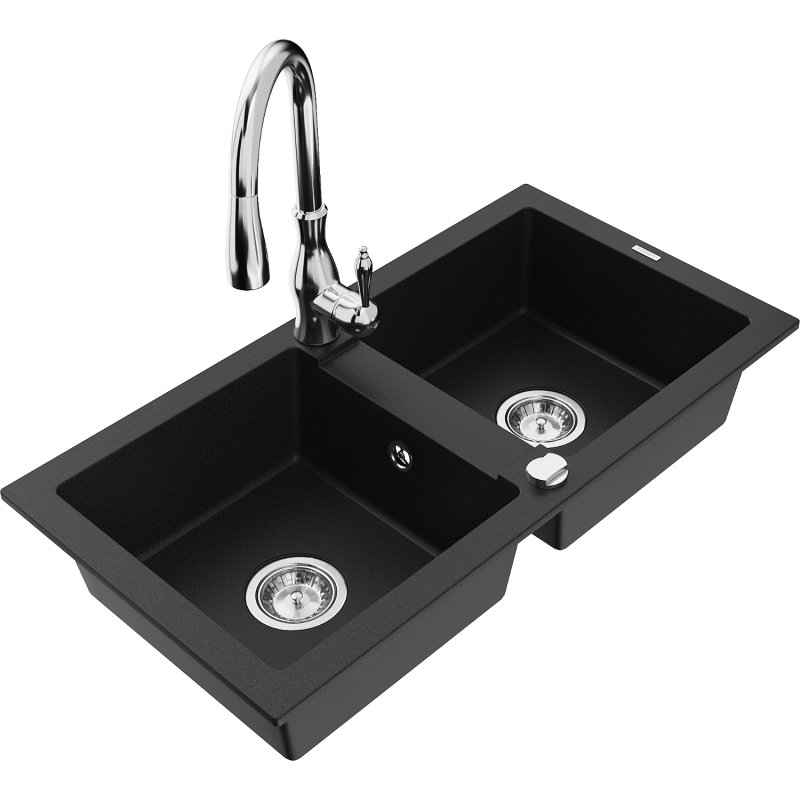 Mexen Mario zlewozmywak granitowy 2-komorowy z baterią kuchenną Savita, czarny