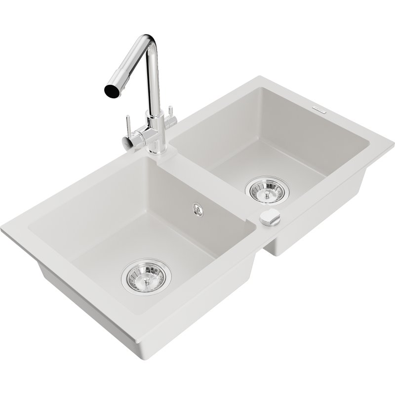 Mexen Mario zlewozmywak granitowy 2-komorowy z baterią kuchenną Duero, biały