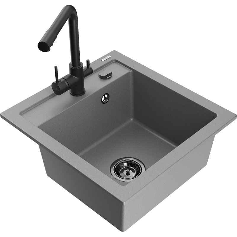 Mexen Vito zlewozmywak granitowy 1-komorowy z baterią kuchenną Duero, szary