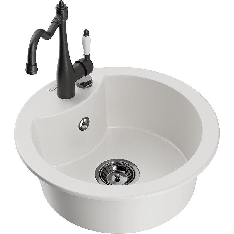 Mexen Diego zlewozmywak granitowy 1-komorowy z baterią kuchenną Carla, biały