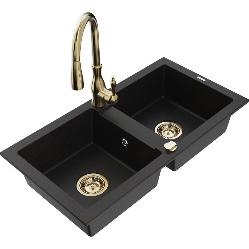 Mexen Mario zlewozmywak granitowy 2-komorowy z baterią kuchenną Savita, czarny