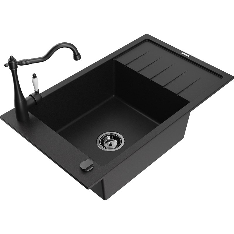 Mexen Elias zlewozmywak granitowy 1-komorowy z ociekaczem i baterią kuchenną Carla, czarny
