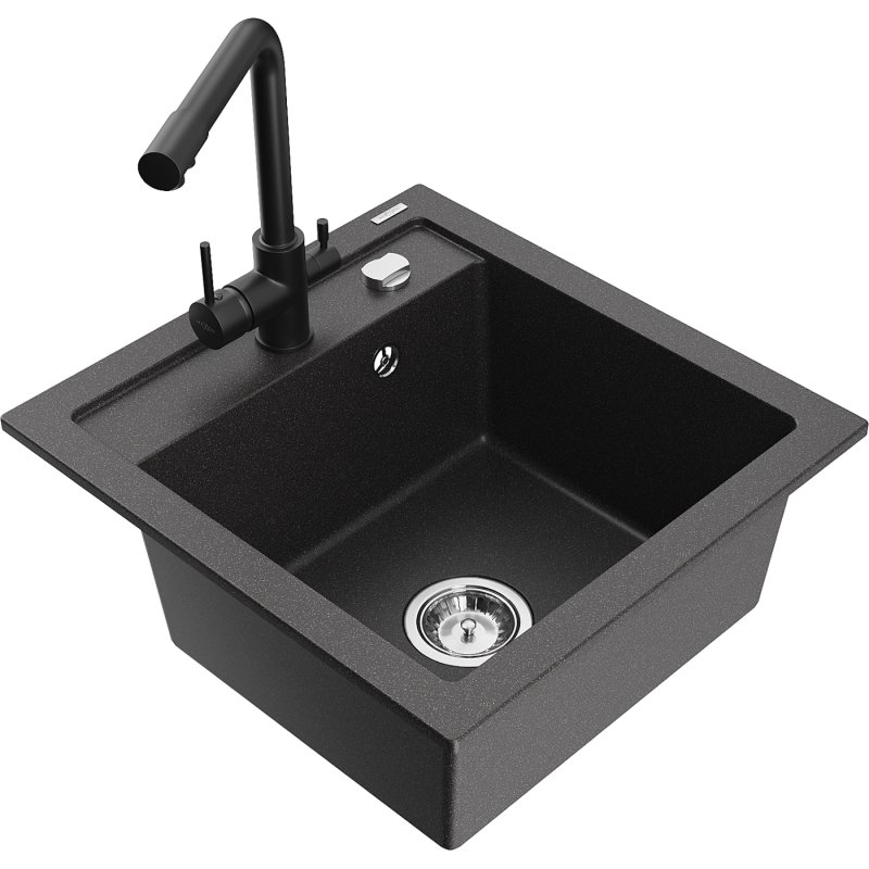 Mexen Vito zlewozmywak granitowy 1-komorowy z baterią kuchenną Duero, czarny nakrapiany