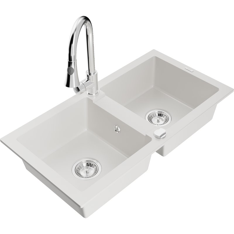 Mexen Mario zlewozmywak granitowy 2-komorowy z baterią kuchenną Elia, biały