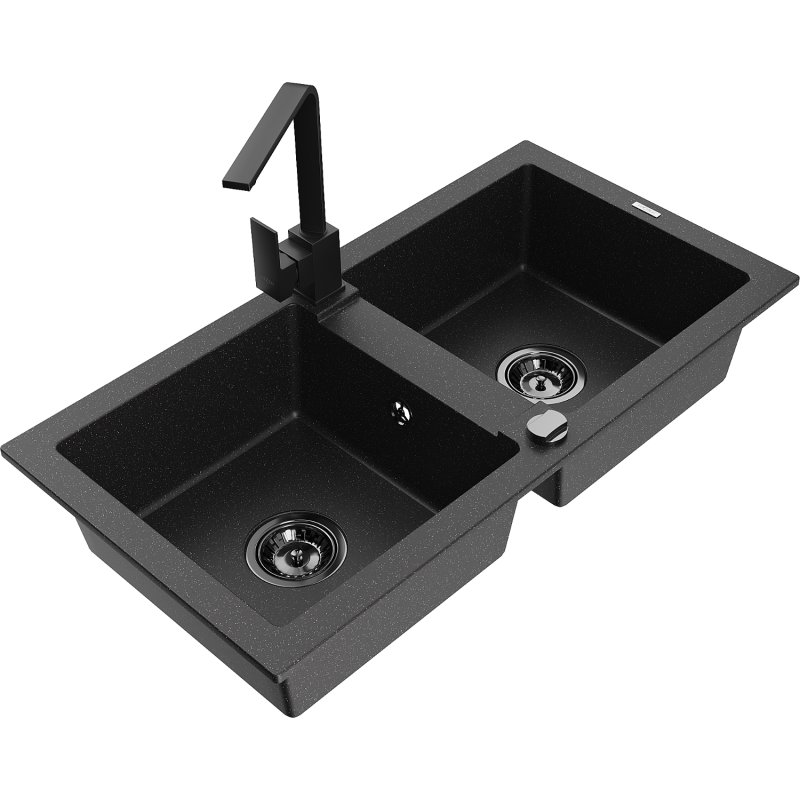 Mexen Mario zlewozmywak granitowy 2-komorowy z baterią kuchenną Rita, czarny/srebrny metalik