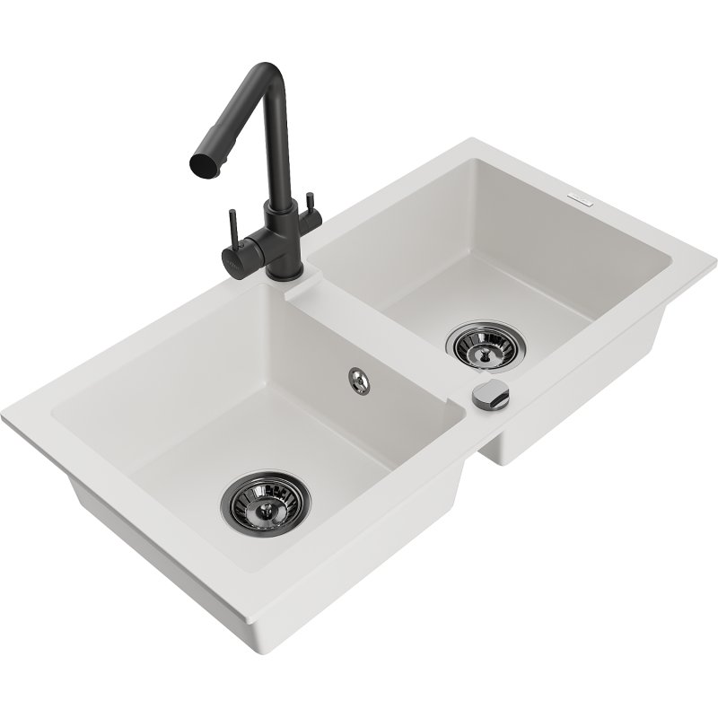 Mexen Mario zlewozmywak granitowy 2-komorowy z baterią kuchenną Duero, biały