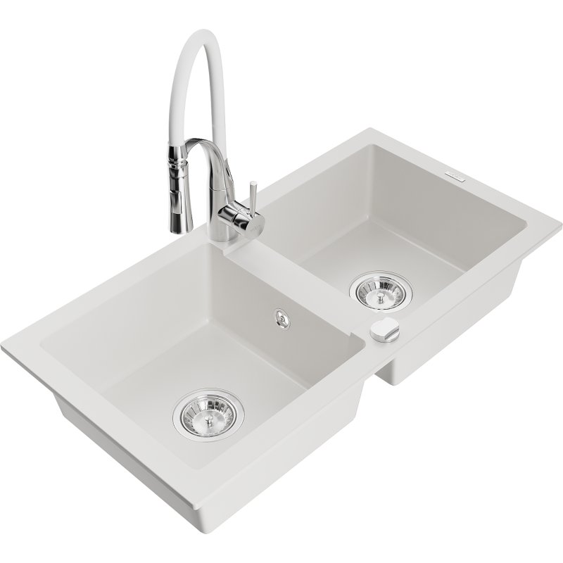 Mexen Mario zlewozmywak granitowy 2-komorowy z baterią kuchenną Aster, biały