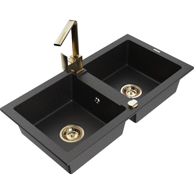 Mexen Mario zlewozmywak granitowy 2-komorowy z baterią kuchenną Rita, czarny/srebrny metalik
