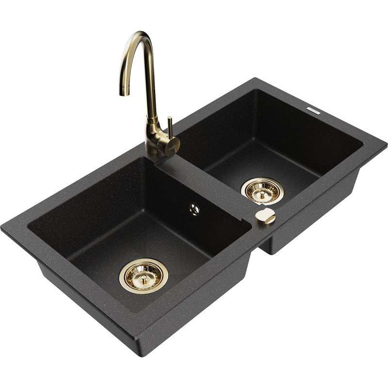 Mexen Mario zlewozmywak granitowy 2-komorowy z baterią kuchenną Telma, czarny/srebrny