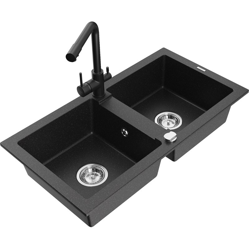 Mexen Mario zlewozmywak granitowy 2-komorowy z baterią kuchenną Duero, czarny/srebrny metalik