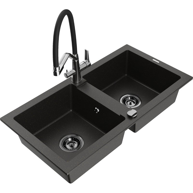 Mexen Mario zlewozmywak granitowy 2-komorowy z baterią kuchenną Duo, czarny/złoty metalik