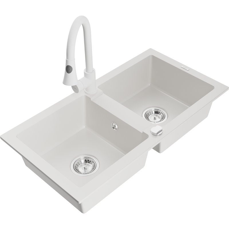 Mexen Mario zlewozmywak granitowy 2-komorowy z baterią kuchenną Elia, biały