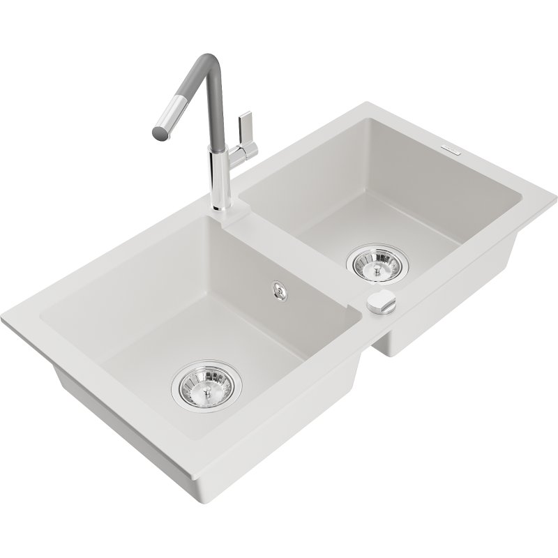 Mexen Mario zlewozmywak granitowy 2-komorowy z baterią kuchenną Flora, biały