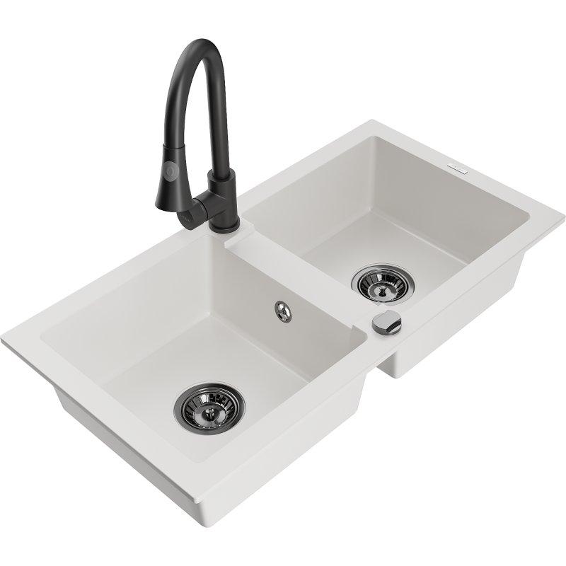 Mexen Mario zlewozmywak granitowy 2-komorowy z baterią kuchenną Elia, biały