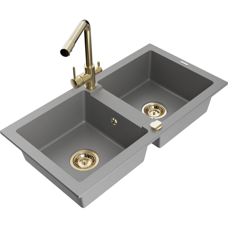 Mexen Mario zlewozmywak granitowy 2-komorowy z baterią kuchenną Duero, szary