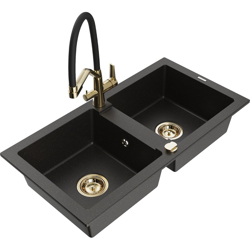 Mexen Mario zlewozmywak granitowy 2-komorowy z baterią kuchenną Duo, czarny/złoty metalik