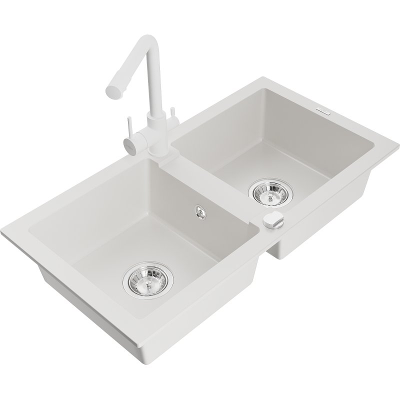 Mexen Mario zlewozmywak granitowy 2-komorowy z baterią kuchenną Duero, biały