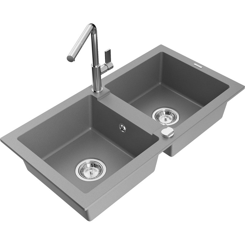 Mexen Mario zlewozmywak granitowy 2-komorowy z baterią kuchenną Flora, szary