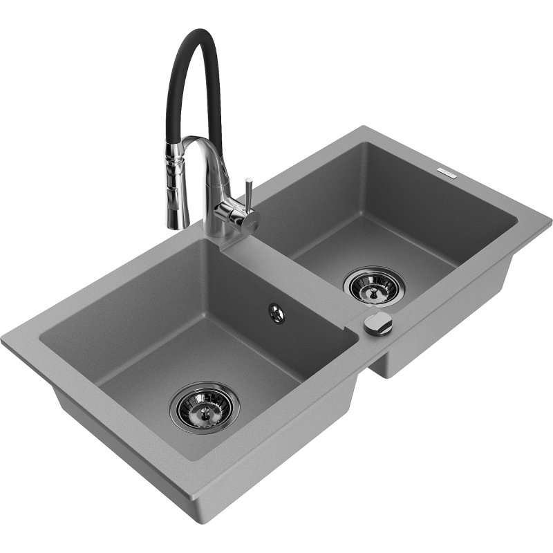Mexen Mario zlewozmywak granitowy 2-komorowy z baterią kuchenną Aster, szary