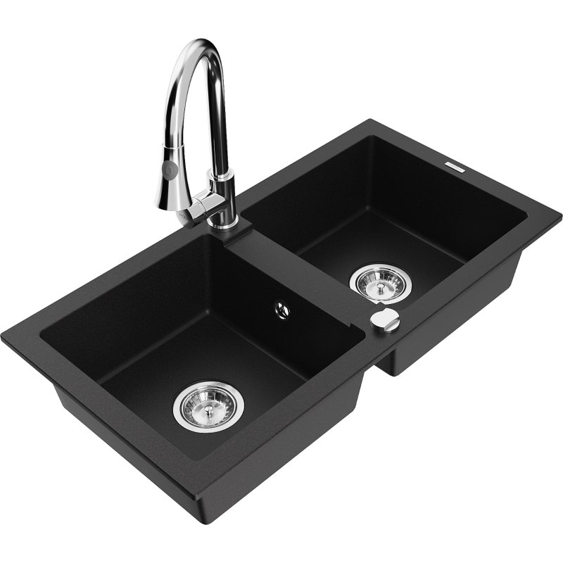 Mexen Mario zlewozmywak granitowy 2-komorowy z baterią kuchenną Elia, czarny