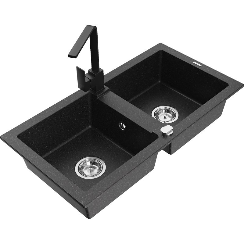 Mexen Mario zlewozmywak granitowy 2-komorowy z baterią kuchenną Rita, czarny/srebrny metalik