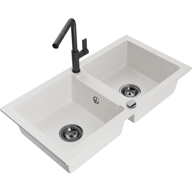 Mexen Mario zlewozmywak granitowy 2-komorowy z baterią kuchenną Flora, biały